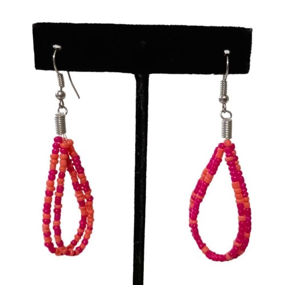 Seed Bead TearDrop Earrings Pink Coral Silver Tone Summer Festival Dangle Spring - Picture 14 of 16